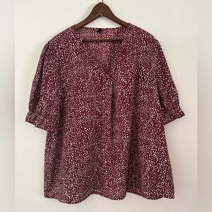 SHEIN Red and White Pattern Ruffle Sleeve Blouse with V Neck Plus Size Office 3X